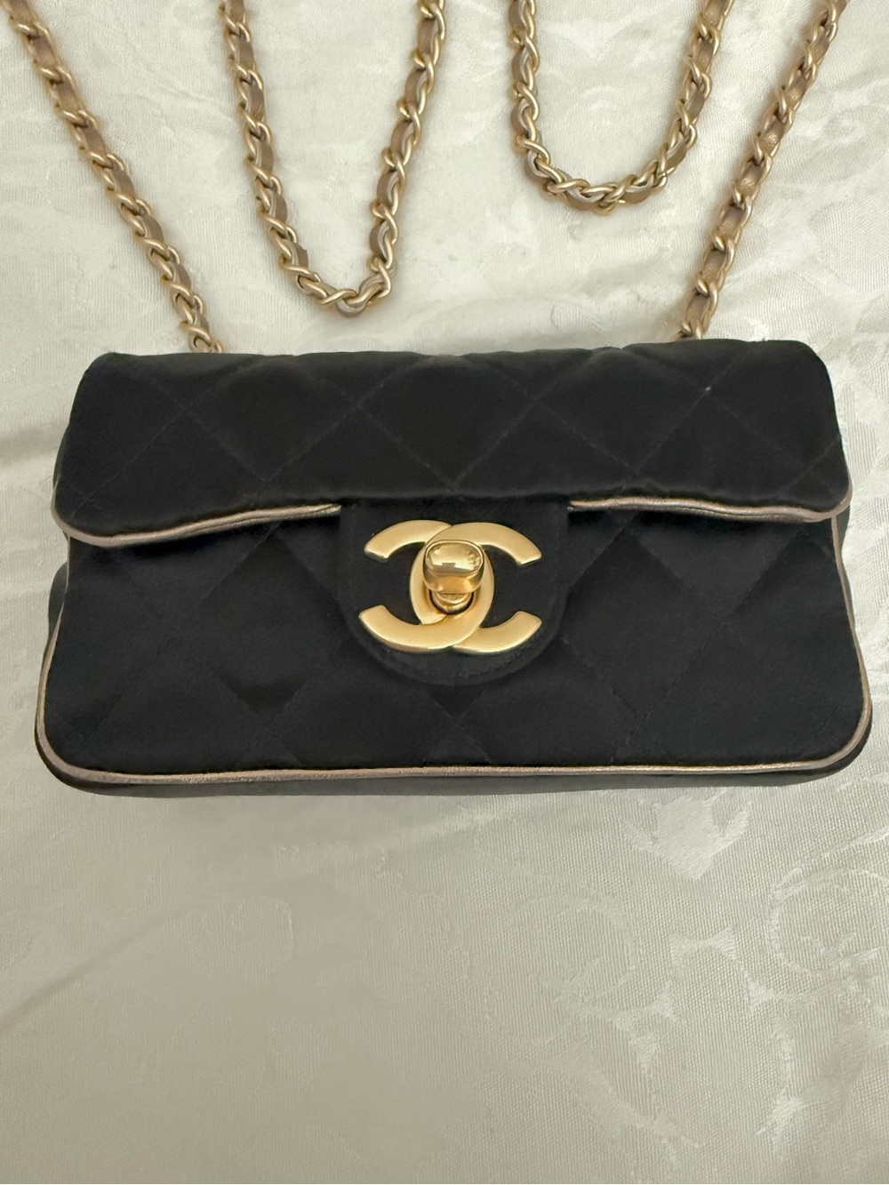 Chanel Mini Satin Flap Bag Black Gold Chain Crossbody Vintage Y2K Rare